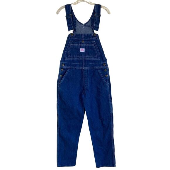 KEY Vtg Bib Style Denim Overalls Carpenter Relaxed Fit Cropped Dark Blue Sz 4 - Picture 1 of 16
